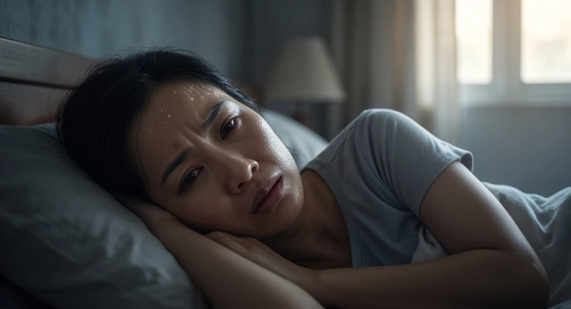 Người phụ nữ nhăn mặt lo âu khi thức giấc sau khi mơ thấy ong vò vẽ tấn công