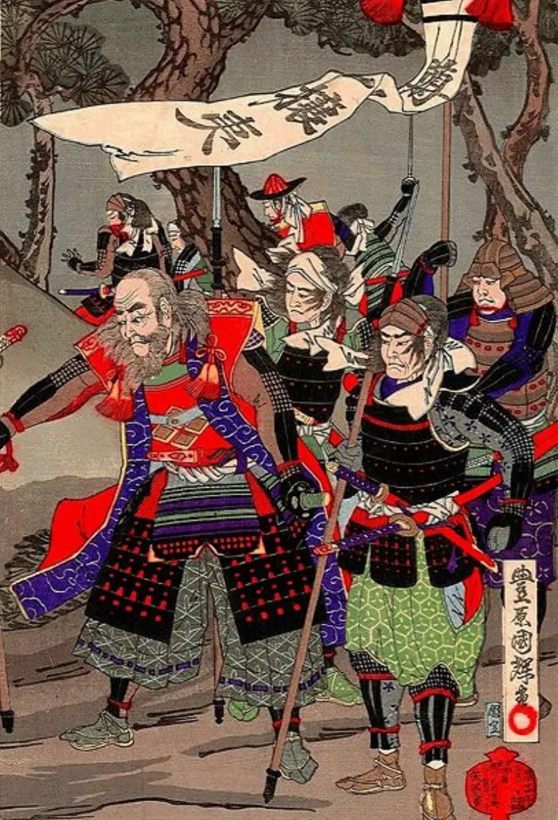 Part of a woodblock print by Utagawa Kuniteru depicting Samurai under a Sonnō jōi banner during the 1864 Mito rebellion