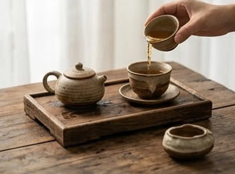 Khay trà bằng gốm sứ mộc mạc được bày biện tinh tế trên chiếc bàn gỗ cổ truyền