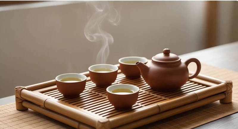 Khay trà đạo bằng gốm sứ với làn khói mỏng bay lên trong không gian phòng tĩnh lặng