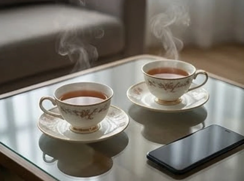 Hai tách trà ấm nóng trên bàn phòng khách tượng trưng cho sự lắng nghe và kết nối lại niềm tin sau những rạn nứt tâm lý
