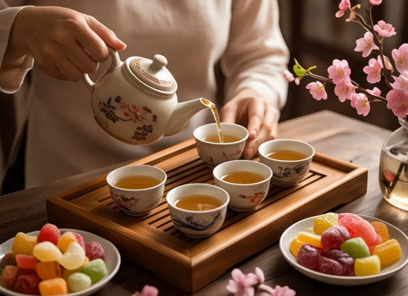 Bàn trà ngày Tết bày biện bánh mứt để đón tiếp những vị khách quý đến xông nhà