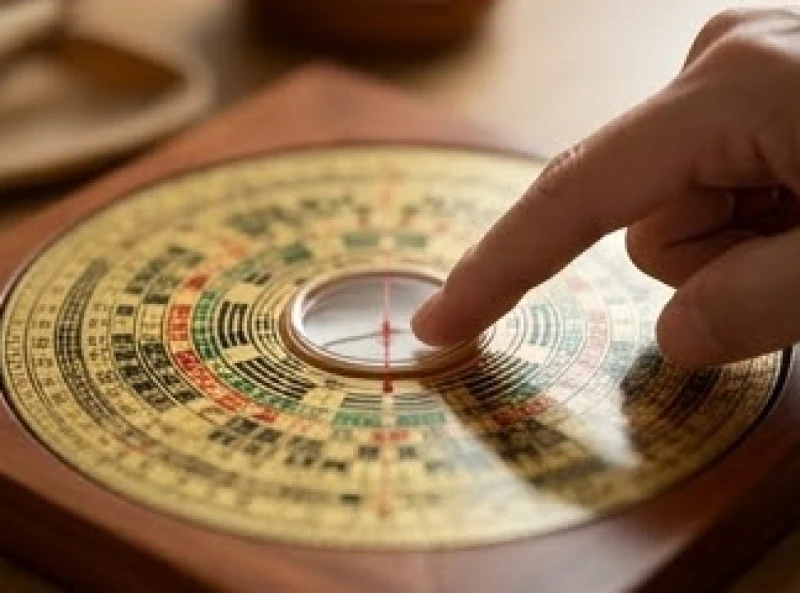 Ngón tay trỏ cẩn thận chỉ vào cung xấu trên chiếc la bàn phong thủy nhiều vòng