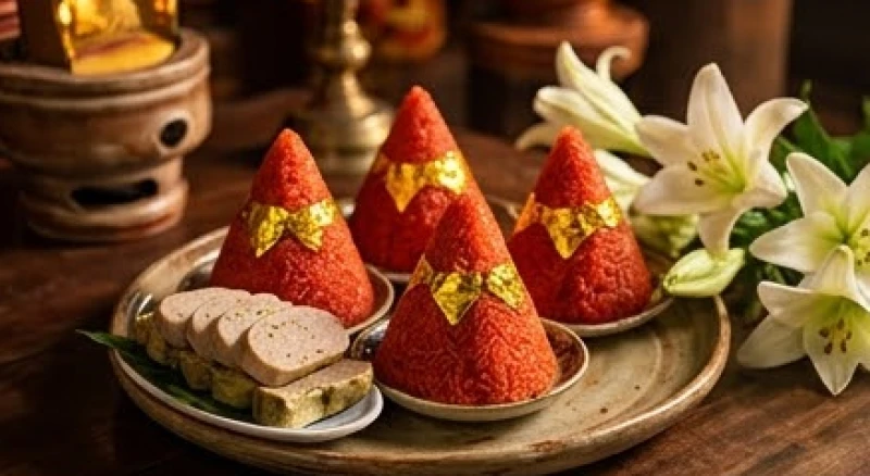Mâm oản đỏ được gói ghém cẩn thận cùng giò chả chay đặt trên ban chính thờ Hưng Đạo Đại Vương