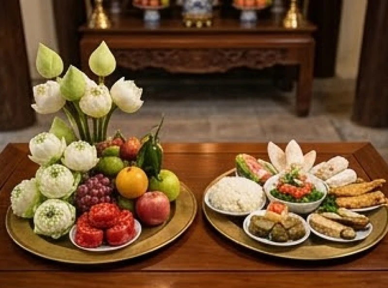 Văn khấn ngày tiệc Quốc Mẫu Tây Thiên: Bài cúng chuẩn 15/2 3 Các khay đồ lễ được phân loại rõ ràng thành lễ chay dâng Phật và lễ mặn dâng ban Mẫu