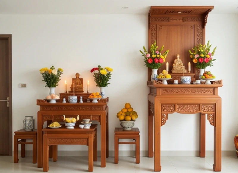 Không gian thờ tự thanh tịnh tách biệt rõ ràng giữa bàn thờ Gia Tiên và bàn thờ cúng Tứ Phủ
