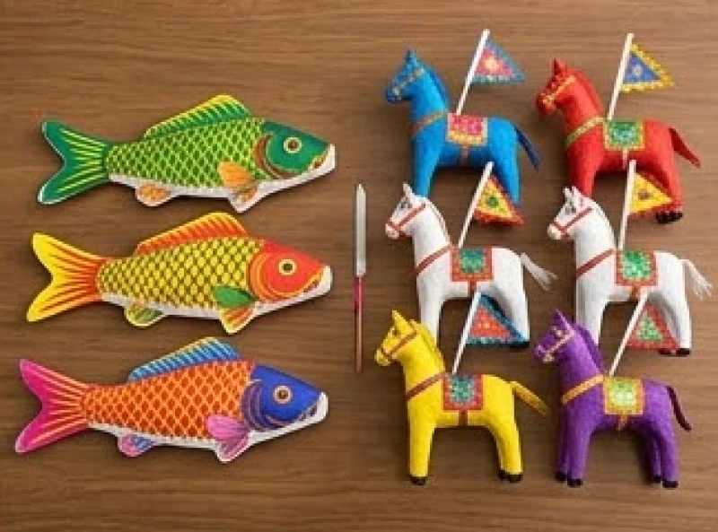 Ba chú cá chép giấy của lễ Ông Táo đặt cạnh mâm cúng tạ đất có bộ ngựa ngũ phương