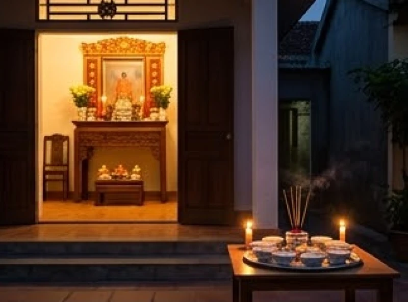 Hai không gian thờ cúng được tách biệt rõ ràng giữa bàn thờ gia tiên trong nhà và mâm cúng các bác ngoài sân