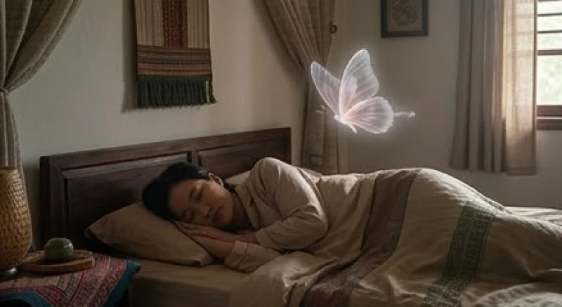 Một người đang nằm ngủ yên bình trên giường và thấy bóng dáng con bướm xuất hiện trong không gian
