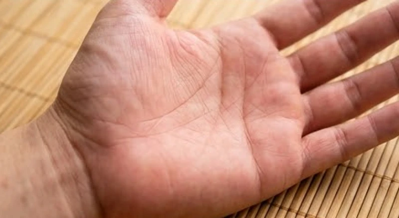 Bàn tay mở thẳng với các đường vân sinh mệnh và ngấn cổ tay hiển thị rõ ràng trên nền da hồng hào