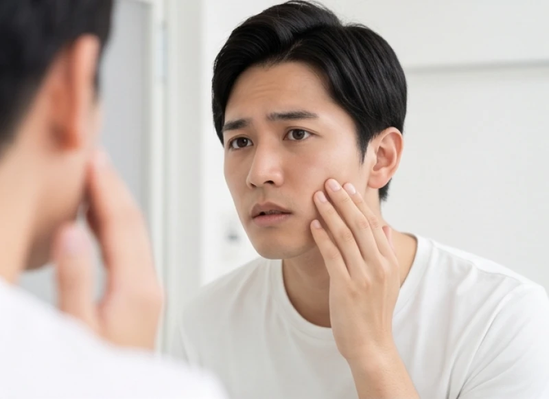Má trái giật là điềm gì? Ý nghĩa tâm linh nam nữ và y khoa 1 Người đàn ông soi gương kiểm tra sự co giật ở gò má trái để phân định nguyên nhân sức khỏe.