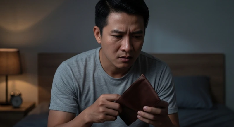 Mơ thấy heo bị chết: Giải mã bối cảnh, điềm báo & cách hóa giải 1 Người đàn ông kiểm tra chiếc ví da xẹp lép với vẻ mặt đầy âu lo sau khi thức giấc