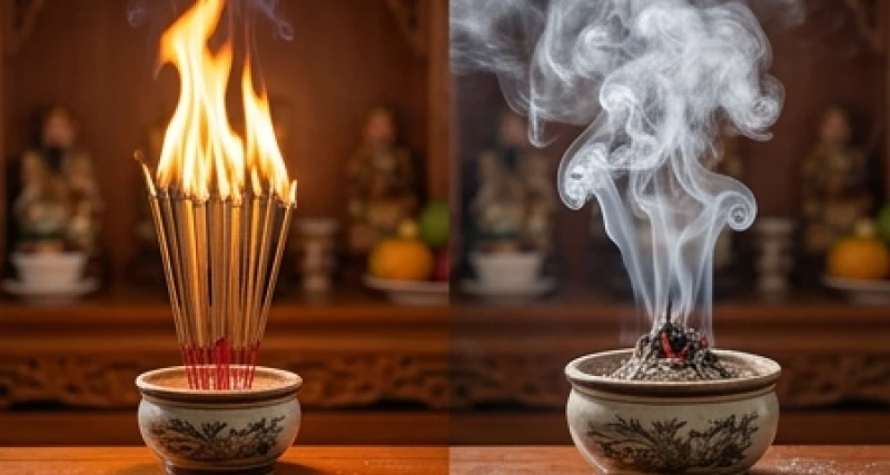 Bát hương Thần Tài bốc cháy là điềm gì: Cách xử lý & bài khấn 2 Sự khác biệt rõ ràng giữa ngọn lửa cháy bùng của hóa dương và khói cuộn mù mịt từ chân nhang của hóa âm