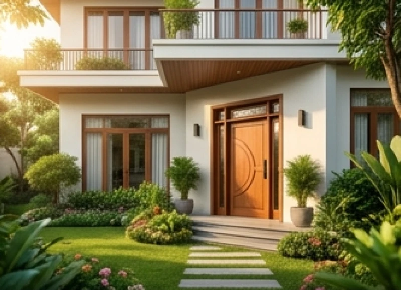 Mặt tiền ngôi nhà có thiết kế cửa nạp khí chính nằm lệch một bên so với trục vuông góc