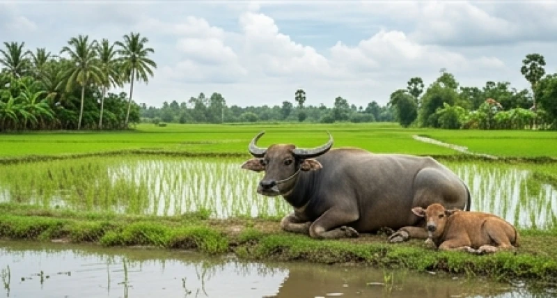 Mơ thấy bò đẻ điềm báo gì: Giải mã bối cảnh & bộ số may mắn 7 Một con trâu nước trưởng thành cùng trâu con đang thong thả gặm cỏ bên bờ ruộng lúa thanh bình