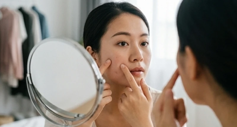 Má phải giật là điềm gì: Tra cứu 12 khung giờ và rủi ro y khoa 1 Người phụ nữ soi gương kiểm tra vùng gò má phải và mí mắt để phân biệt chính xác vị trí co giật