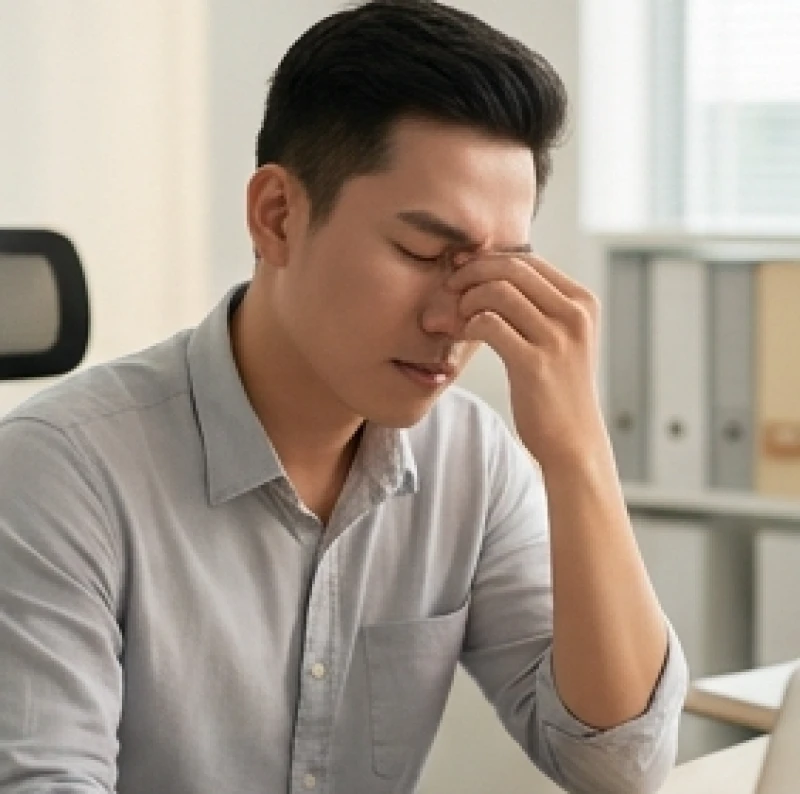 Người phụ nữ nhắm mắt mệt mỏi khi gặp phải tình trạng co giật nhẹ ở hốc mũi và mí mắt
