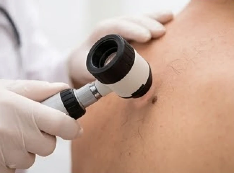 Bác sĩ chuyên khoa sử dụng thiết bị soi da để thăm khám một nốt ruồi mọc lông bất thường