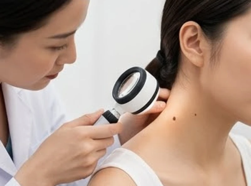 Bác sĩ da liễu đang sử dụng kính lúp chuyên dụng để kiểm tra nốt ruồi ác tính trên cổ