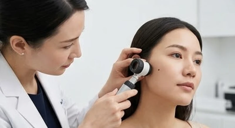 Bác sĩ da liễu đang soi da để phân biệt nốt ruồi phá tài và nốt ruồi bệnh lý