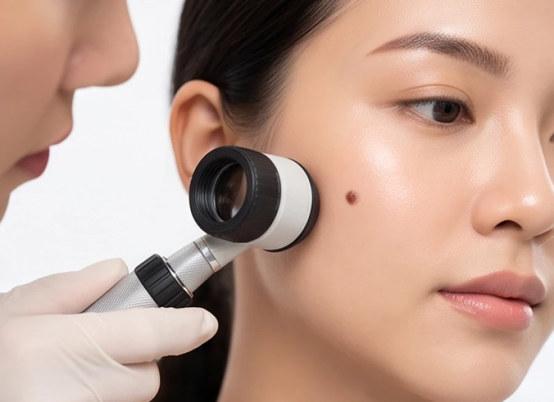 Bác sĩ da liễu dùng thiết bị soi da chuyên dụng để kiểm tra một nốt ruồi sậm màu trên mặt bệnh nhân