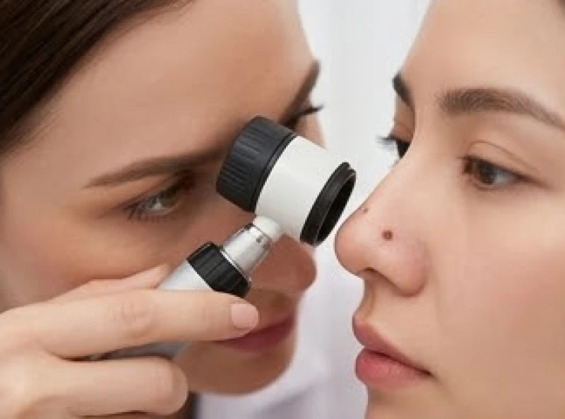 Bác sĩ da liễu đang soi và kiểm tra kỹ lưỡng nốt ruồi trên sống mũi của bệnh nhân để tầm soát bệnh lý