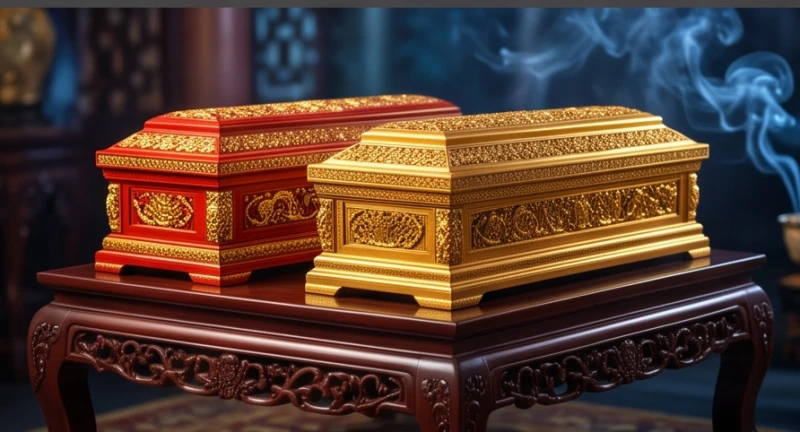 Mơ thấy quan tài màu vàng: Điềm báo tài lộc và bộ số may mắn 6 Hai cỗ thọ mang sắc đỏ và vàng đặt cạnh nhau thể hiện sự tương phản giữa năng lượng hành Hỏa và hành Kim
