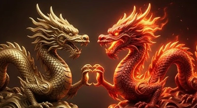 Hai bức tượng rồng tinh xảo mang sắc vàng của hành Thổ và sắc đỏ của hành Hỏa được đặt cạnh nhau
