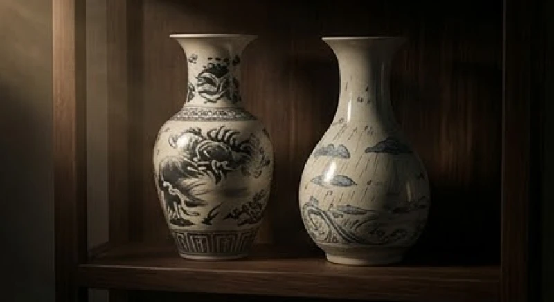 Hai chiếc bình gốm với họa tiết sấm sét và mưa giông tượng trưng cho xung đột năng lượng