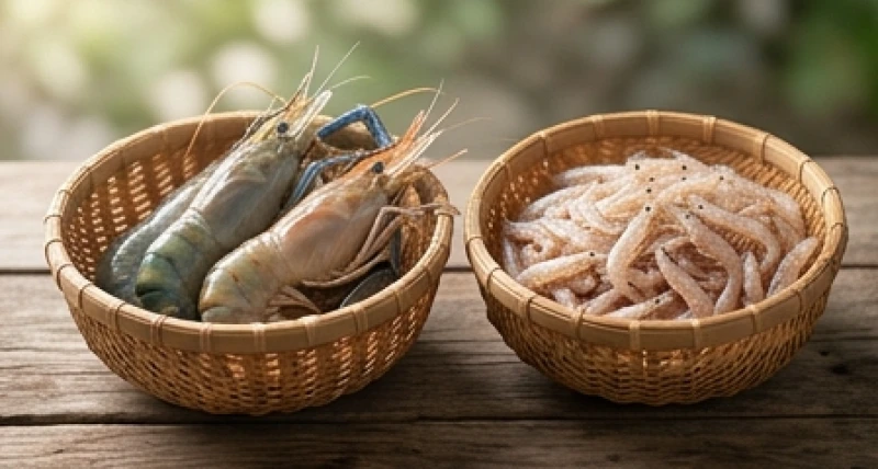 Hai bàn tay nâng hai mẻ tôm lớn và tép riu nhỏ để so sánh sự khác biệt kích thước