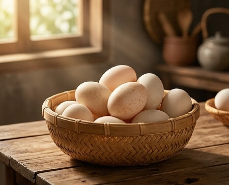 Rổ mây tre đan đựng những quả trứng vịt với kích thước và màu sắc tự nhiên đặt trên bàn gỗ