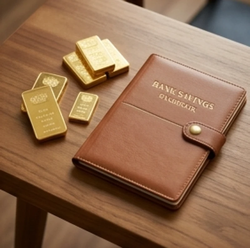 Mô hình phân bổ danh mục đầu tư với các thỏi vàng và sổ tiết kiệm đặt cạnh nhau