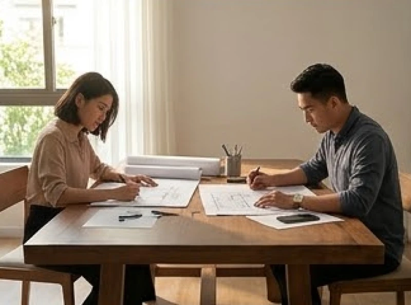 Hai người đồng nghiệp làm việc độc lập với hai bản vẽ thiết kế khác nhau tại một không gian chung