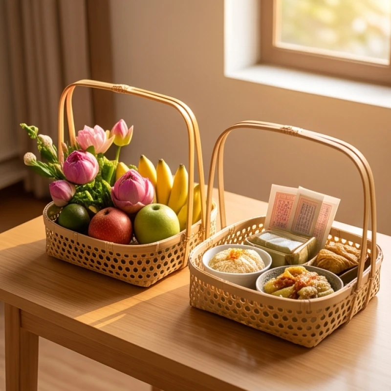 Văn khấn cầu an tại chùa: Bài khấn chuẩn và nghi thức từng ban 6 Các món đồ lễ chay và mặn được phân loại cẩn thận vào hai giỏ riêng biệt trước khi bước vào cổng chùa