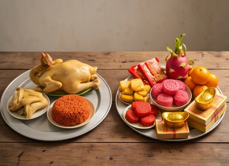 Hai mâm lễ được đặt cạnh nhau gồm mâm lễ mặn cầu bình an và mâm lễ ngọt tông đỏ cầu tài lộc