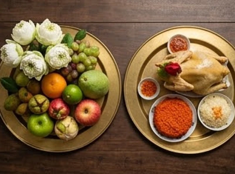 Văn khấn ngày tiệc Mẫu Hưng Yên: Bài cúng chuẩn và lịch dâng lễ 3 Các mâm lễ chay và lễ mặn được chuẩn bị sẵn sàng, sắp xếp gọn gàng trước khi dâng lên các ban thờ