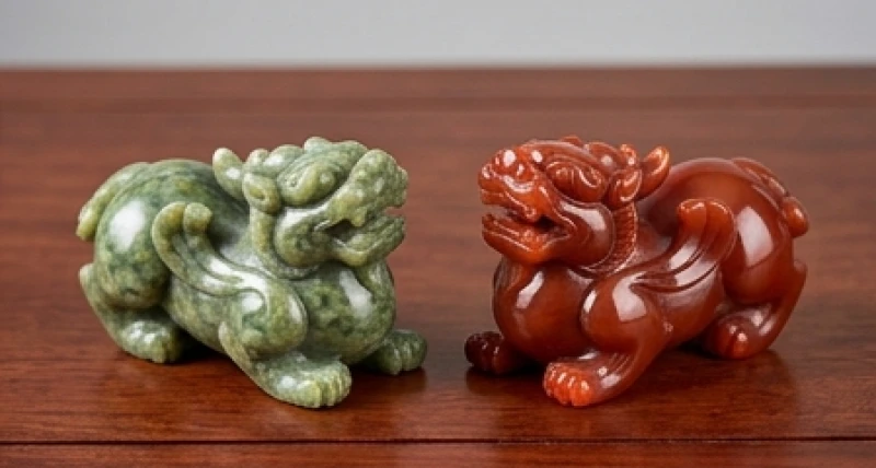 Hai dáng tỳ hưu phong thủy làm từ đá tự nhiên nguyên khối đặt trên mặt bàn gỗ