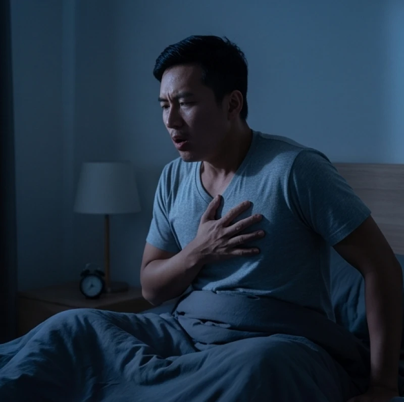Người đàn ông bật dậy giữa đêm ôm ngực thở dốc với biểu hiện hoảng loạn sau giấc mộng rượt đuổi