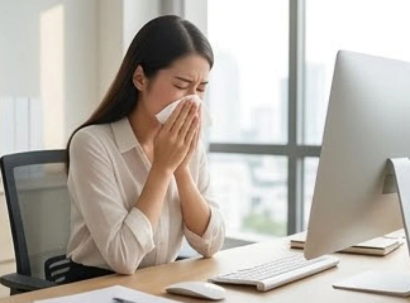 Nhảy mũi ở nữ là điềm gì: Tra cứu theo giờ và phân biệt nam nữ 1 Một người phụ nữ đang lấy khăn giấy che miệng khi hắt hơi trong không gian phòng làm việc