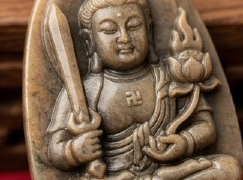 Phật bản mệnh tuổi Dần: Bảng tra màu đá và quy trình tẩy uế 2 Chi tiết tay phải cầm thanh kiếm liệt hỏa và tay trái nâng nhành hoa sen của Bồ Tát