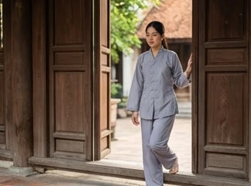 Phật tử mặc bộ pháp phục màu lam kín đáo thong dong bước qua cửa giả quan của cổng chùa