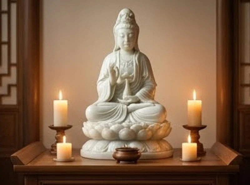 Tượng Phật Bà Quan Âm bằng bạch ngọc tỏa ánh sáng dịu nhẹ đặt trong không gian thiền tịnh