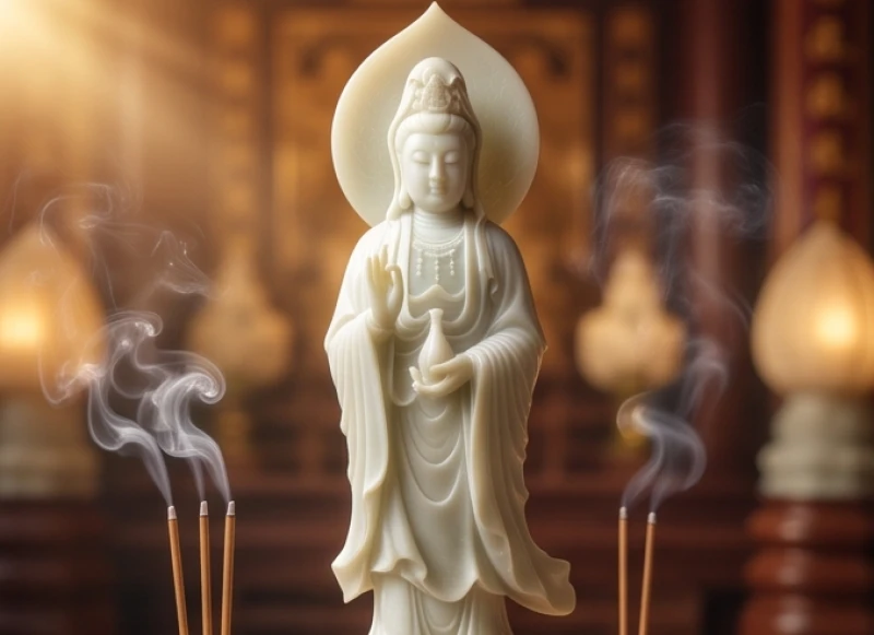 Tượng Phật Bà Quan Âm bằng bạch ngọc tỏa ánh sáng thanh tịnh mang lại bình an cho bản mệnh