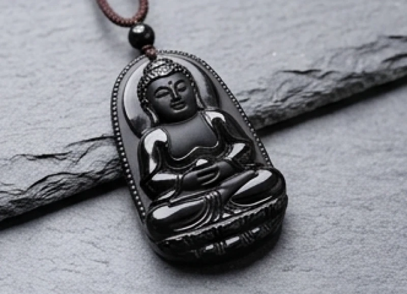Phật bản mệnh tuổi Thân làm từ đá thủy tinh núi lửa Obsidian đen nguyên khối