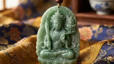 Mặt đá trang sức phật bản mệnh tuổi dần chạm khắc tinh xảo đặt trên nền lụa truyền thống