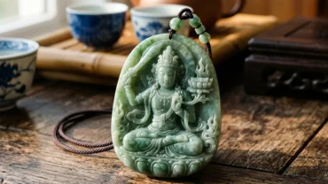 Mặt dây chuyền phật bản mệnh tuổi mão bằng đá ngọc bích tự nhiên đặt trên bàn gỗ