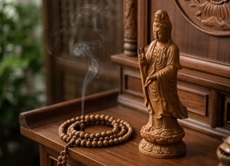 Tử vi trọn đời tuổi Quý Mùi 1943 nữ mạng: Diễn biến các mốc tuổi 2 Chuỗi hạt trầm hương và tượng Phật Quan Âm nhỏ bằng gỗ ngọc am đặt trang trọng trên bàn thờ gia tiên