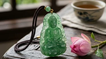 Mặt dây chuyền phật bản mệnh tuổi Sửu được chạm khắc tinh xảo từ đá phong thủy tự nhiên bên hoa sen