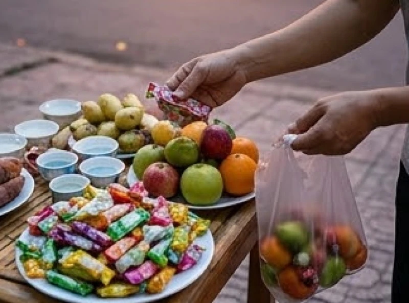 Túi bánh kẹo và trái cây từ mâm cúng được gom gọn gàng để đem đi cho người nghèo