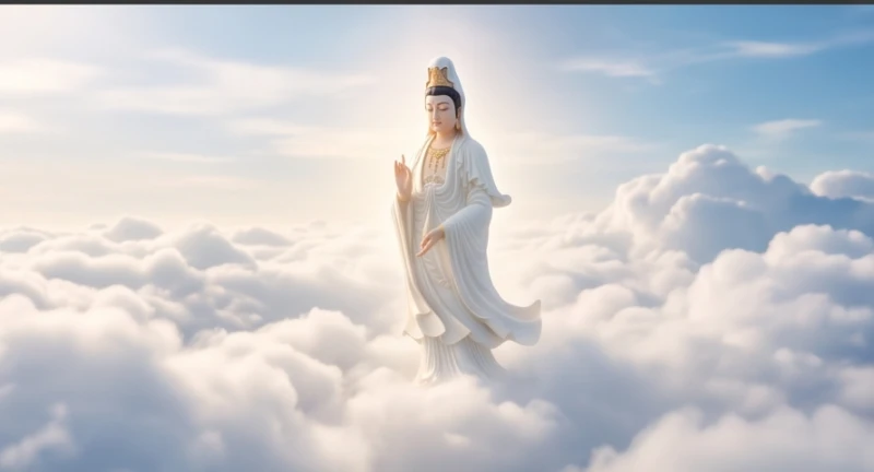 Mơ thấy mẹ Quan Âm: Giải mã điềm cát hung và bộ số tài lộc 3 Hình bóng Quán Thế Âm Bồ Tát lướt nhẹ trên những tầng mây bồng bềnh mang theo năng lượng chữa lành.